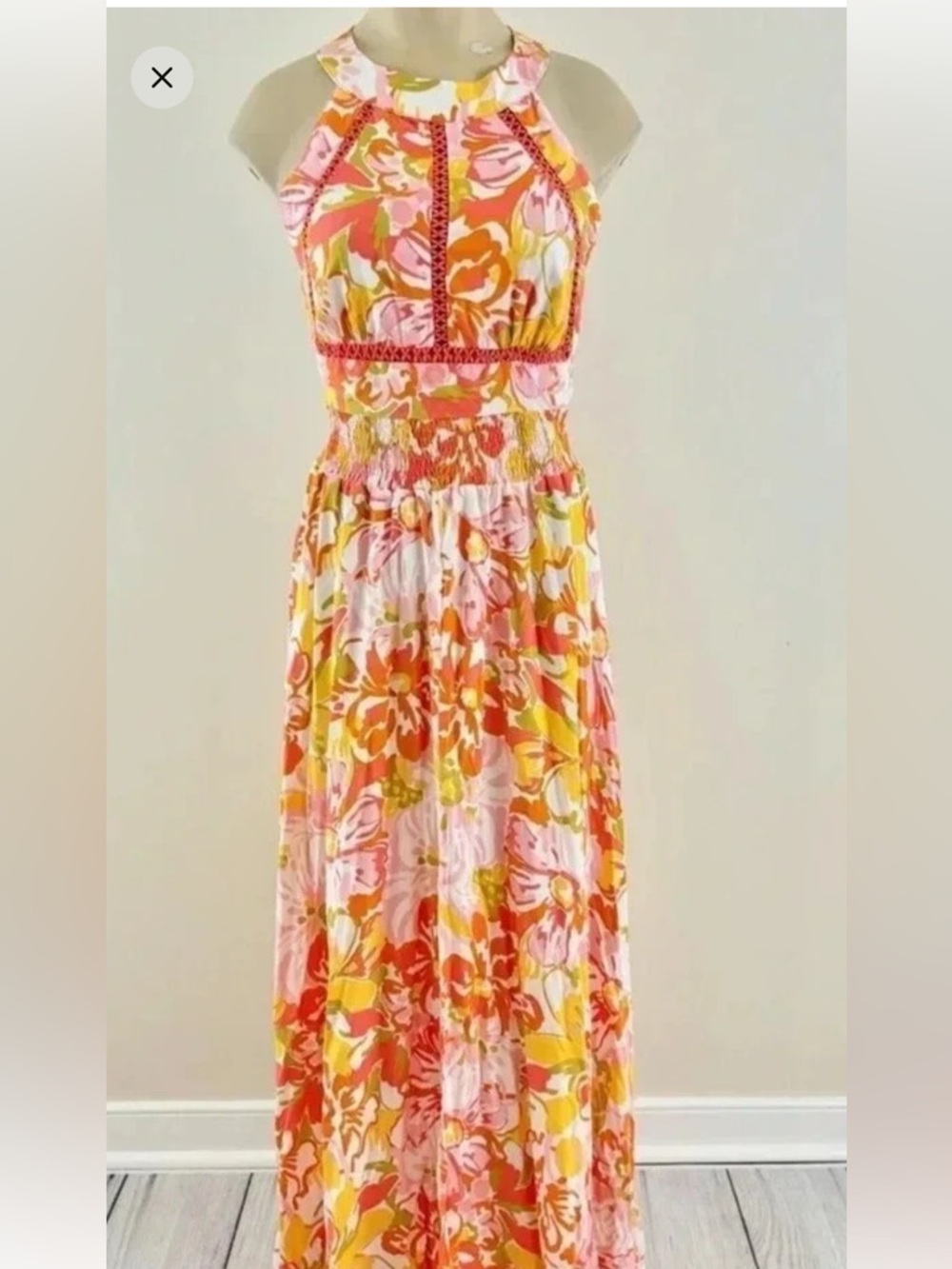 Anthropologie Floral Backless Maxi Dress in Pink, Orange, Yellow